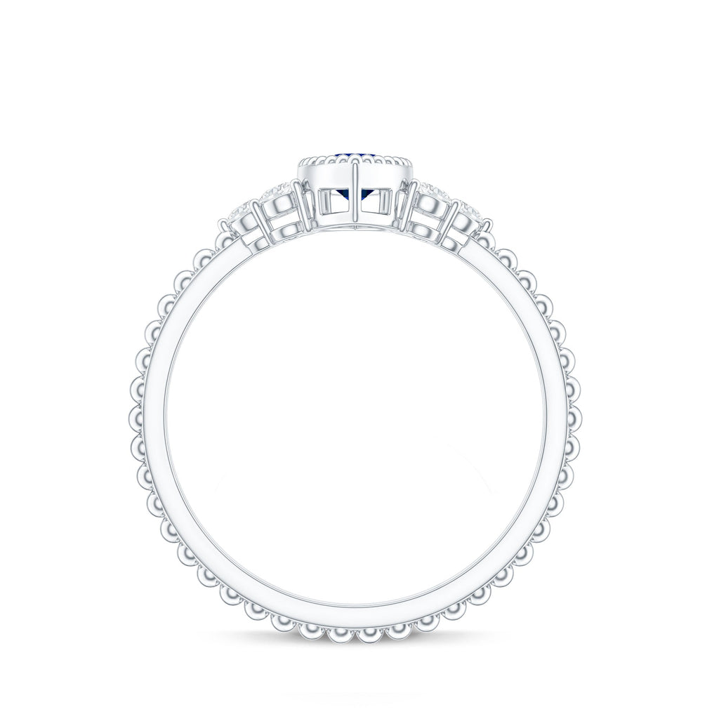 Vintage Style 0.7 Carat Lab Grown Blue Sapphire Marquise Engagement Ring with Diamond Trio