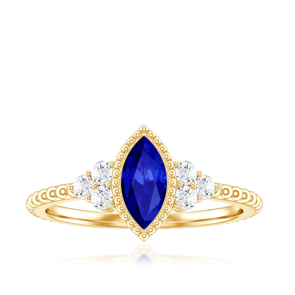 Vintage Style 0.7 Carat Lab Grown Blue Sapphire Marquise Engagement Ring with Diamond Trio