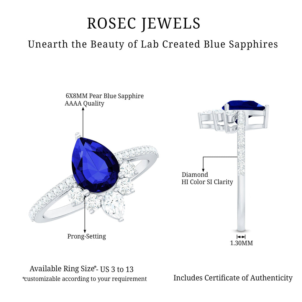 Certified 1.6 Carat Pear Lab Grown Blue Sapphire Designer Engagement Ring with Diamond