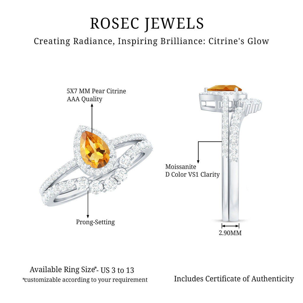 Natural Citrine Teardrop Engagement Ring with Wedding Band