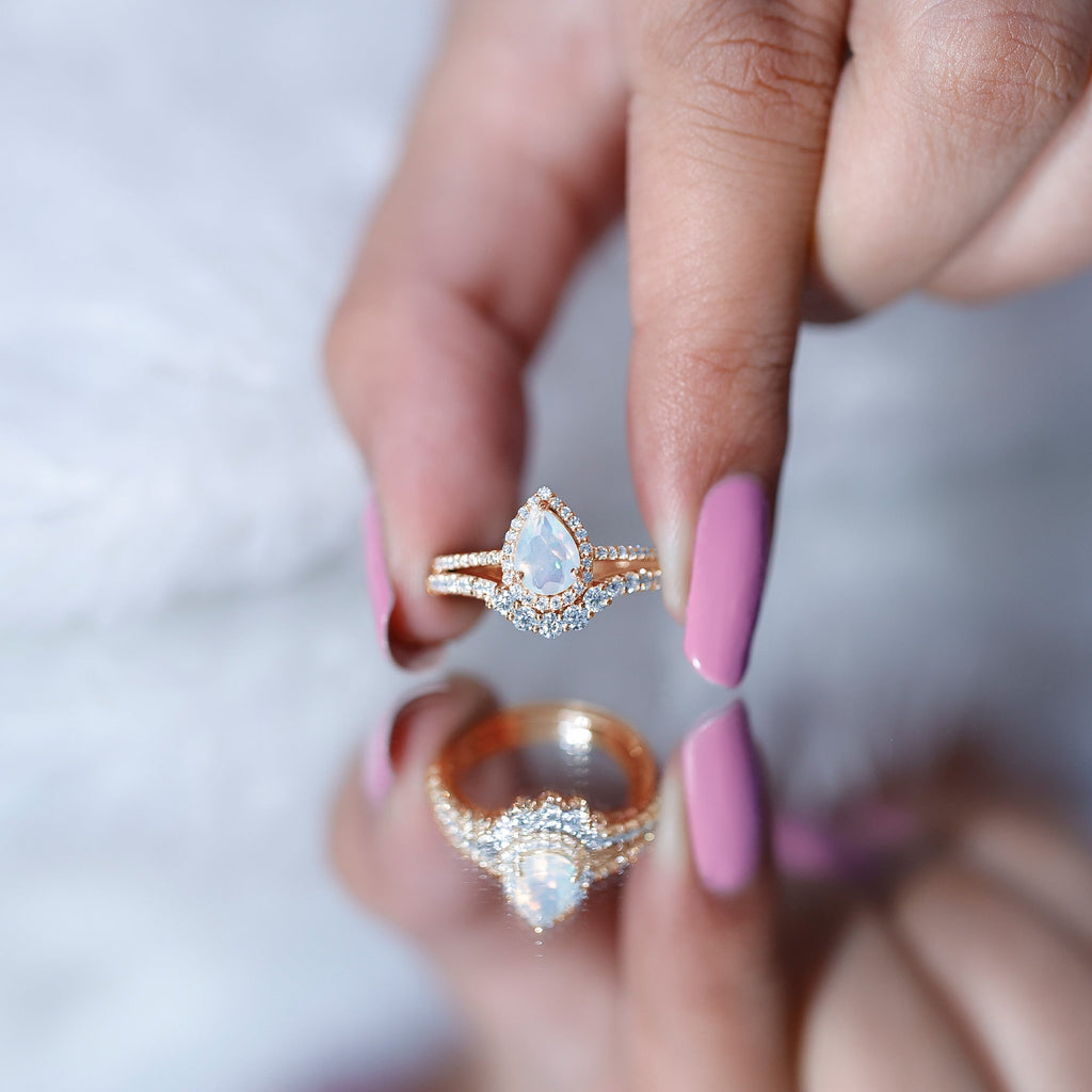 Certified Natural Ethiopian Opal Teardrop Wedding Engagement Ring Set of 2