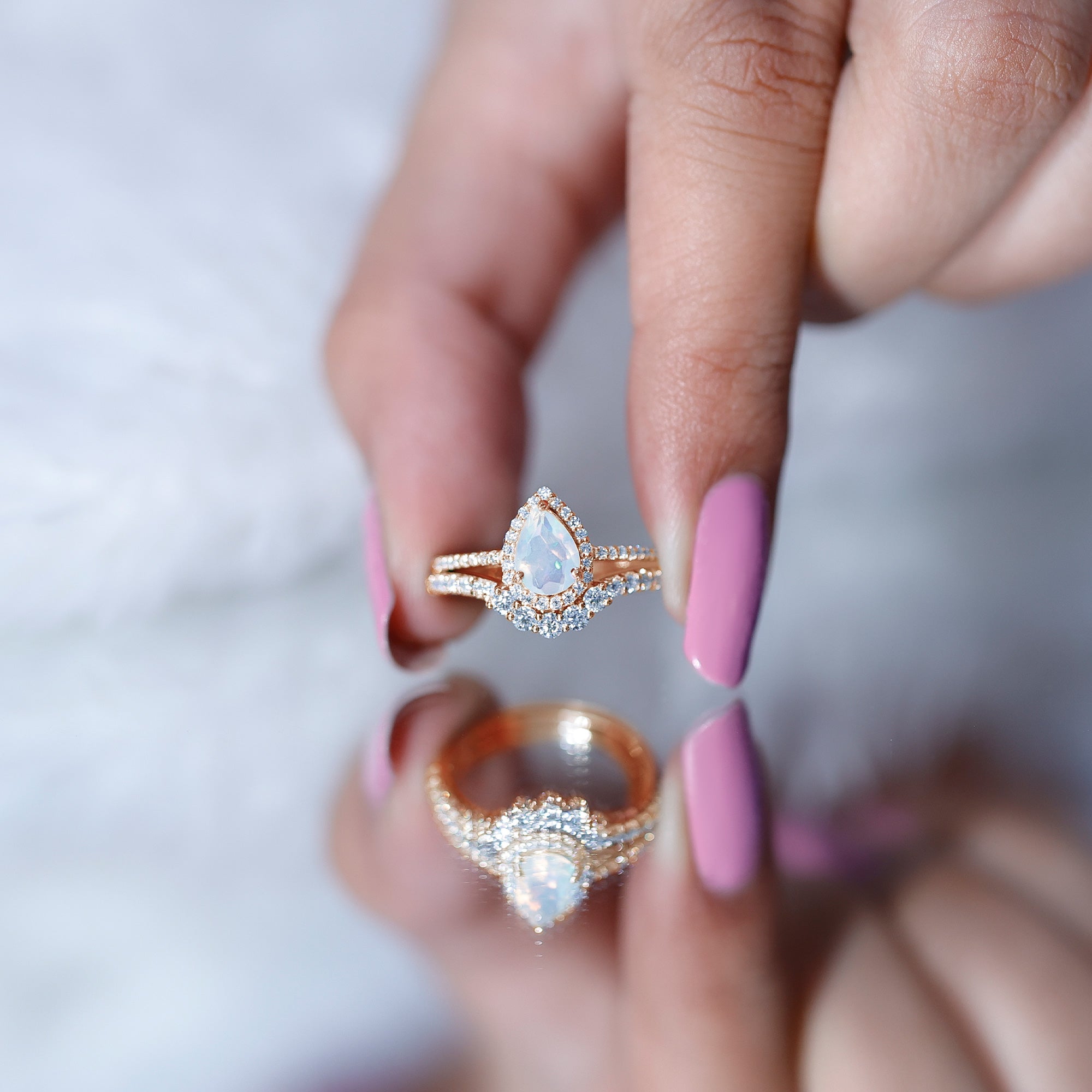 Certified Natural Ethiopian Opal Teardrop Wedding Engagement Ring Set of 2