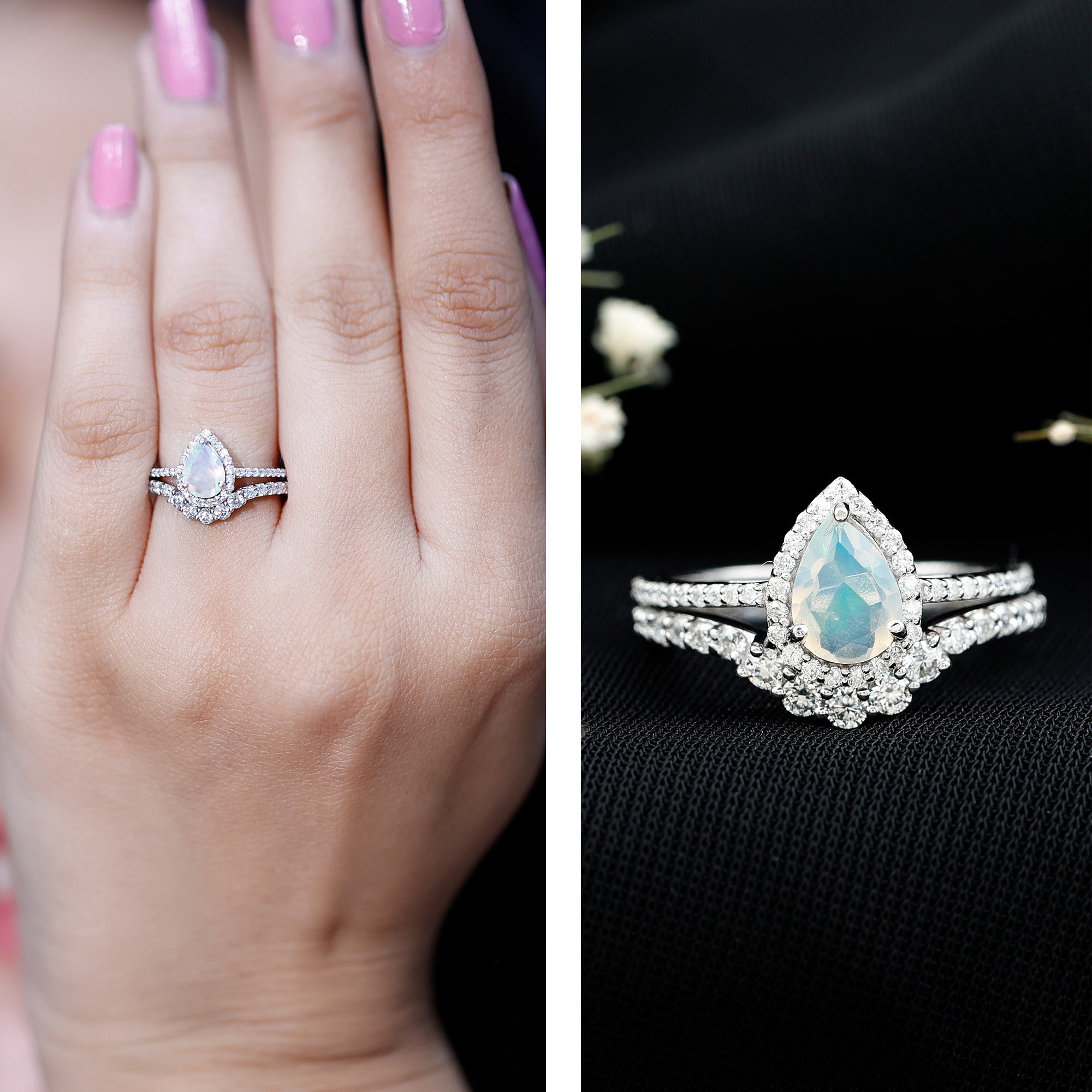 Certified Natural Ethiopian Opal Teardrop Wedding Engagement Ring Set of 2