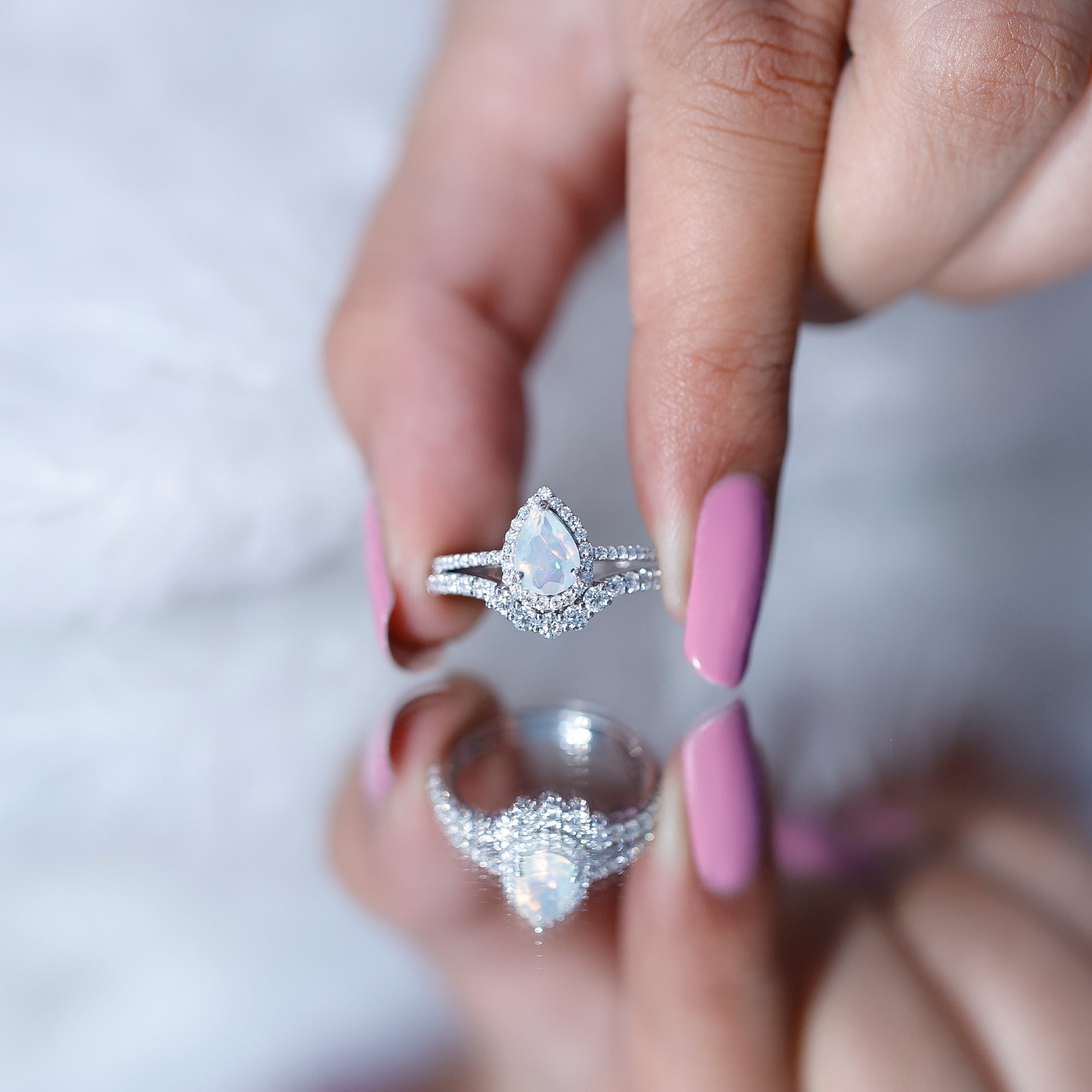 Certified Natural Ethiopian Opal Teardrop Wedding Engagement Ring Set of 2
