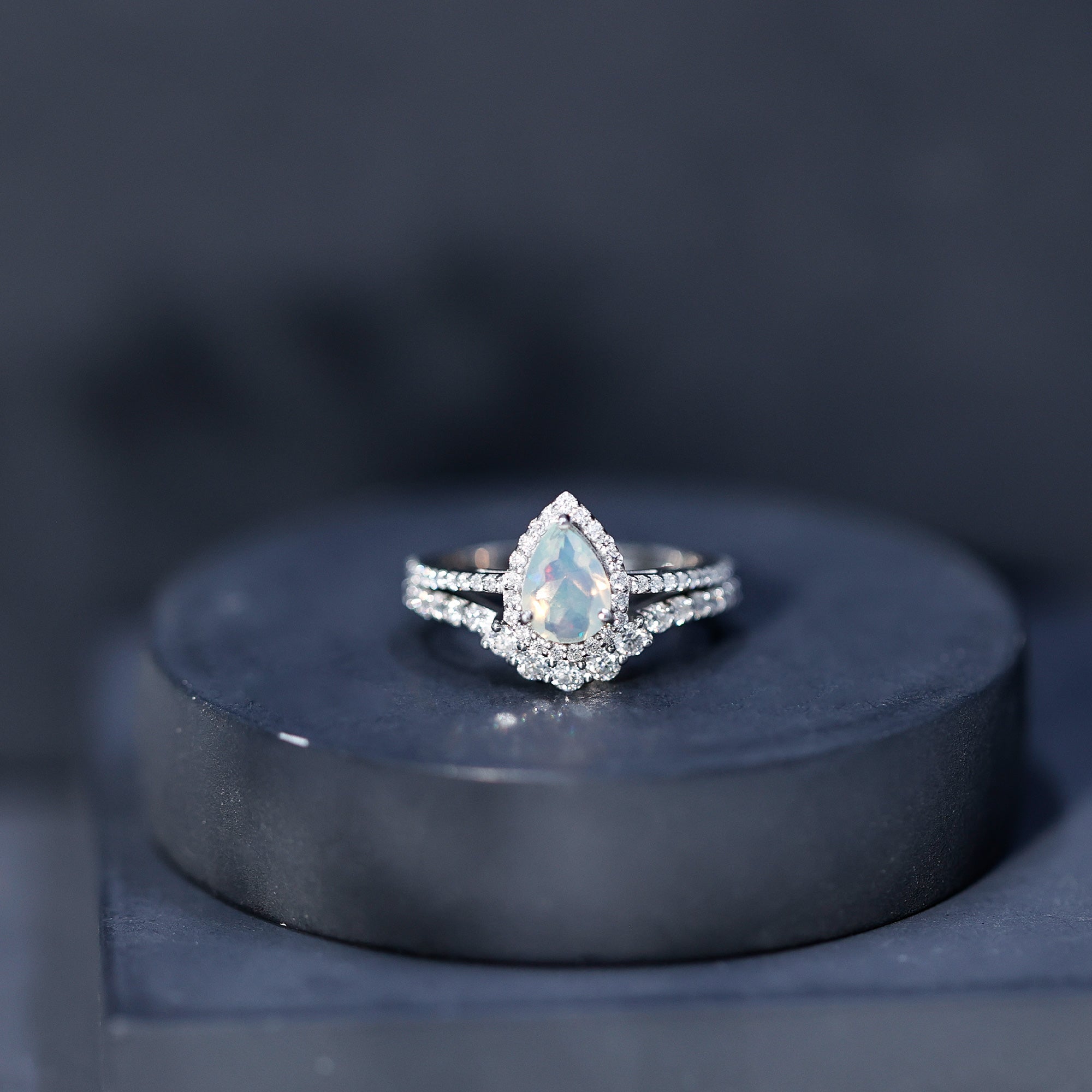 Certified Natural Ethiopian Opal Teardrop Wedding Engagement Ring Set of 2