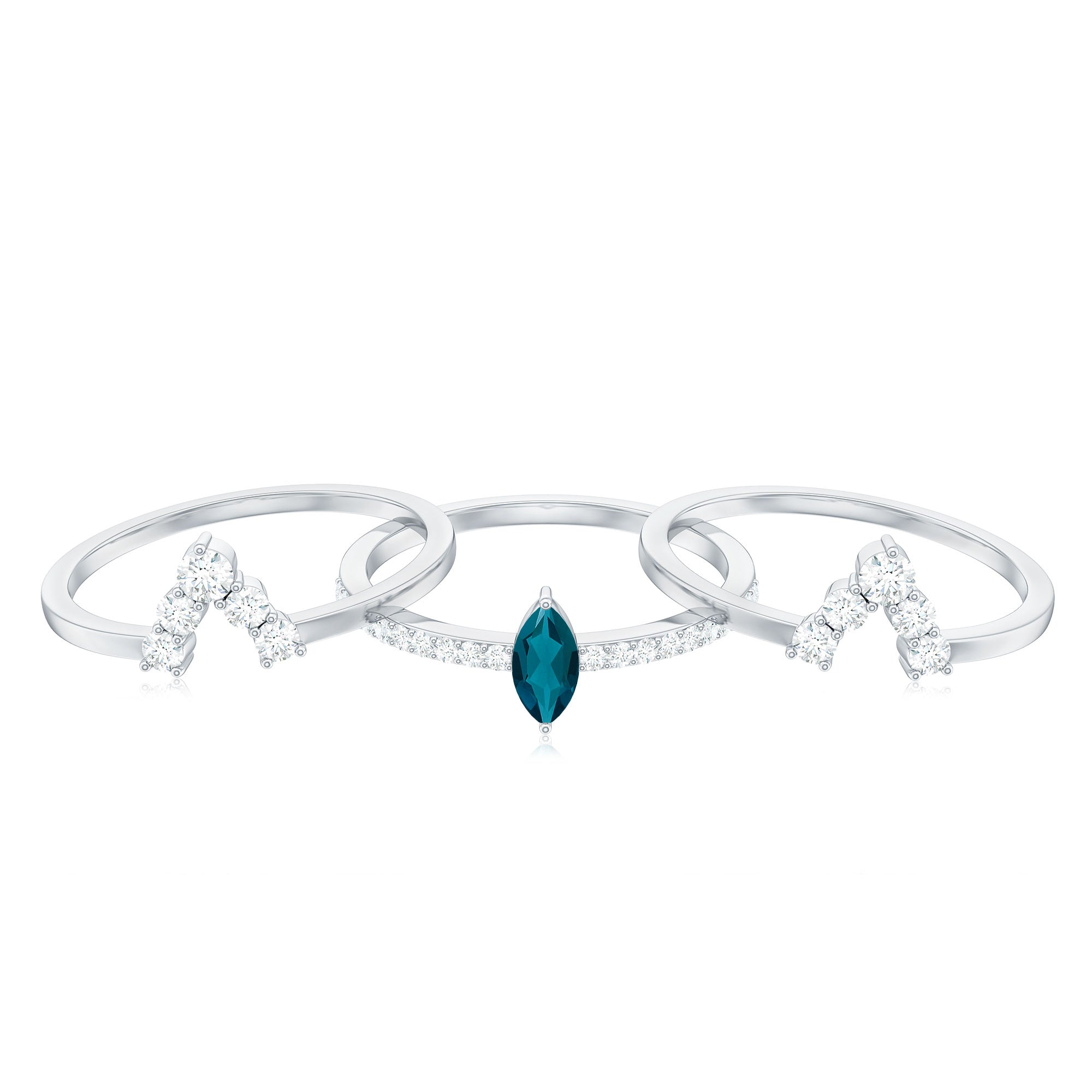 Marquise London Blue Topaz Bridal Ring Set with 2 Diamond Ring Guards
