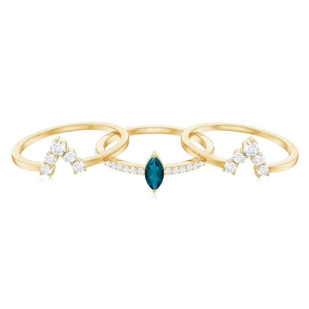 Marquise London Blue Topaz Bridal Ring Set with 2 Diamond Ring Guards
