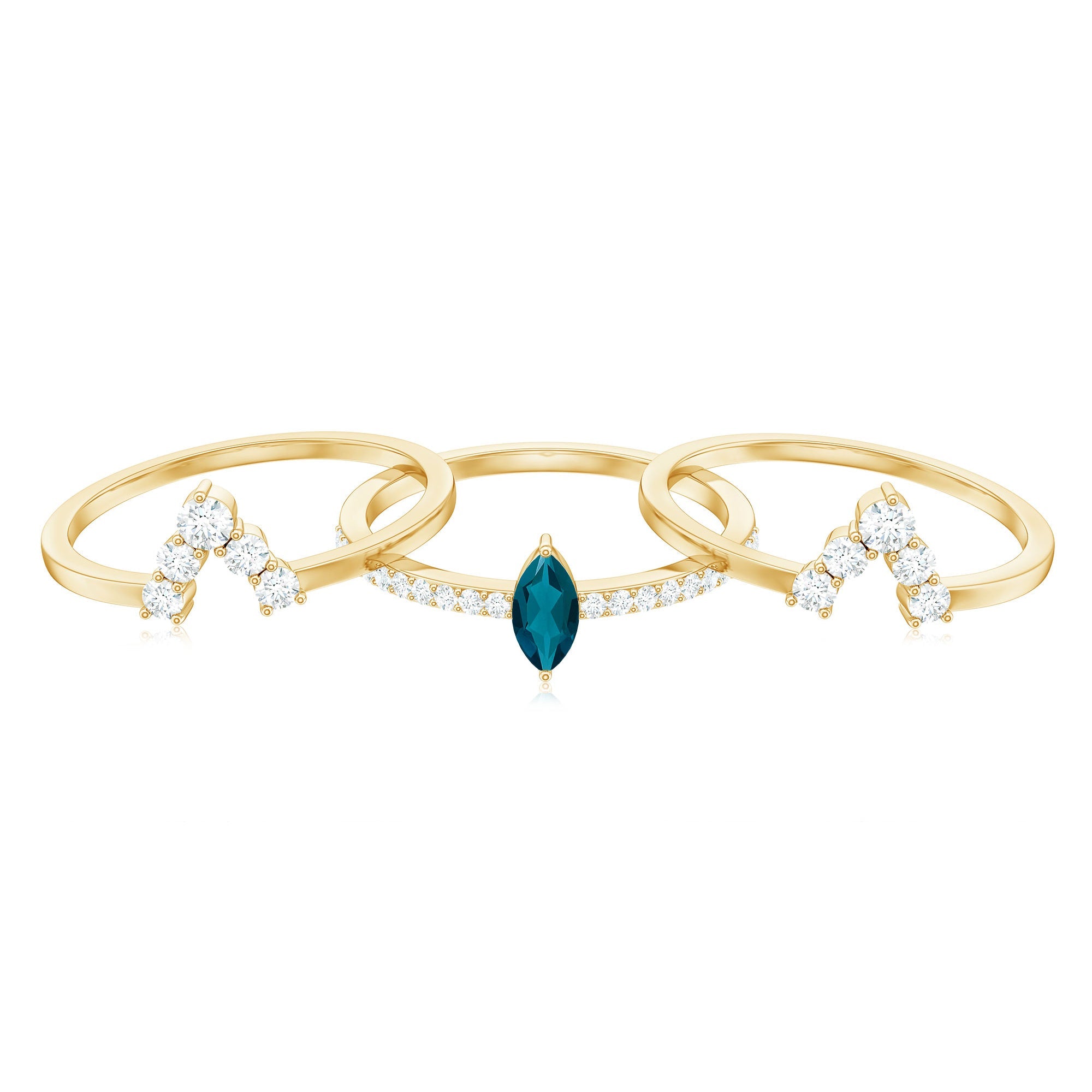 Marquise London Blue Topaz Bridal Ring Set with 2 Diamond Ring Guards