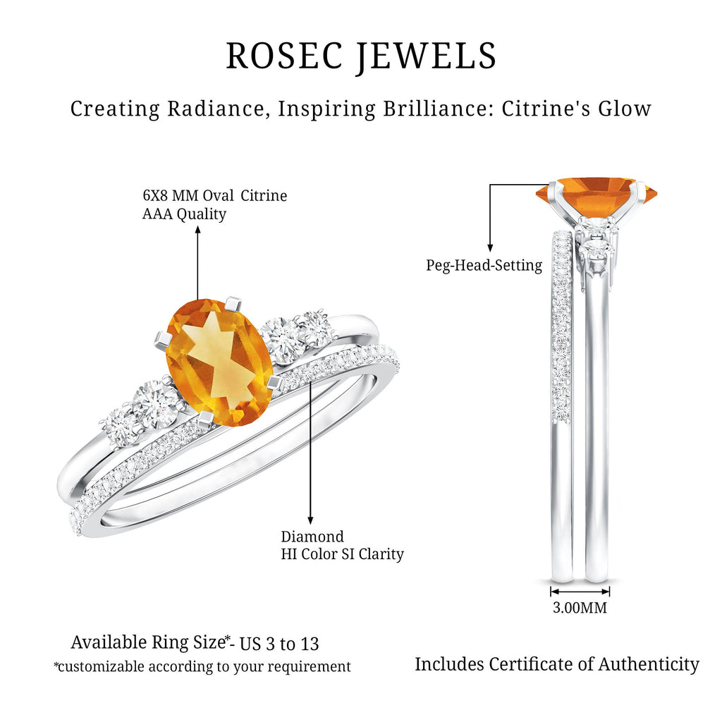 Natural Oval Citrine Diamond Wedding Bridal Ring Set of 2