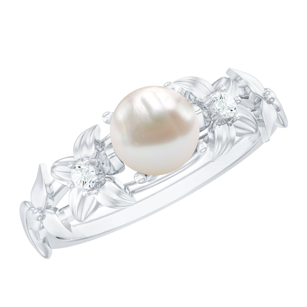 Cultured 2 Carat White Pearl Flower Engagement Ring with Diamonds