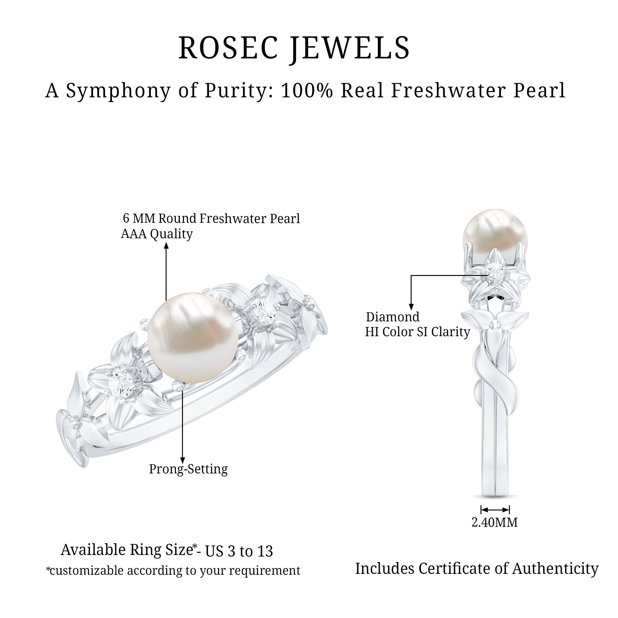 Cultured 2 Carat White Pearl Flower Engagement Ring with Diamonds