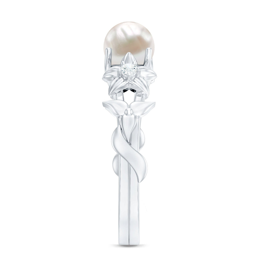Cultured 2 Carat White Pearl Flower Engagement Ring with Diamonds