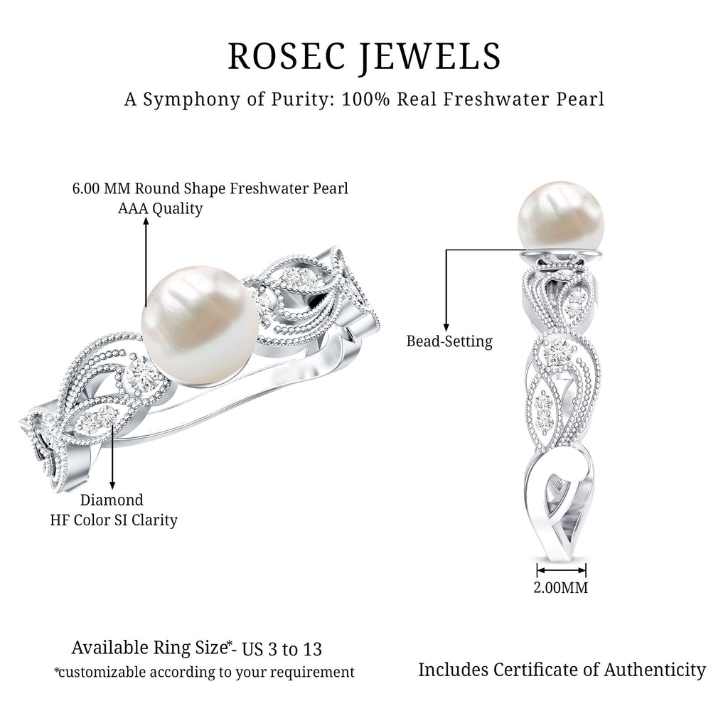 2 Carat Freshwater Pearl Vintage Looking Engagement Ring with Diamond