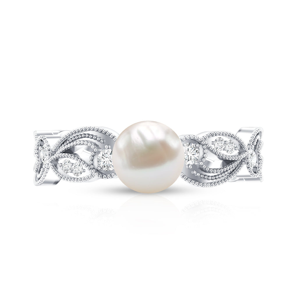 2 Carat Freshwater Pearl Vintage Looking Engagement Ring with Diamond
