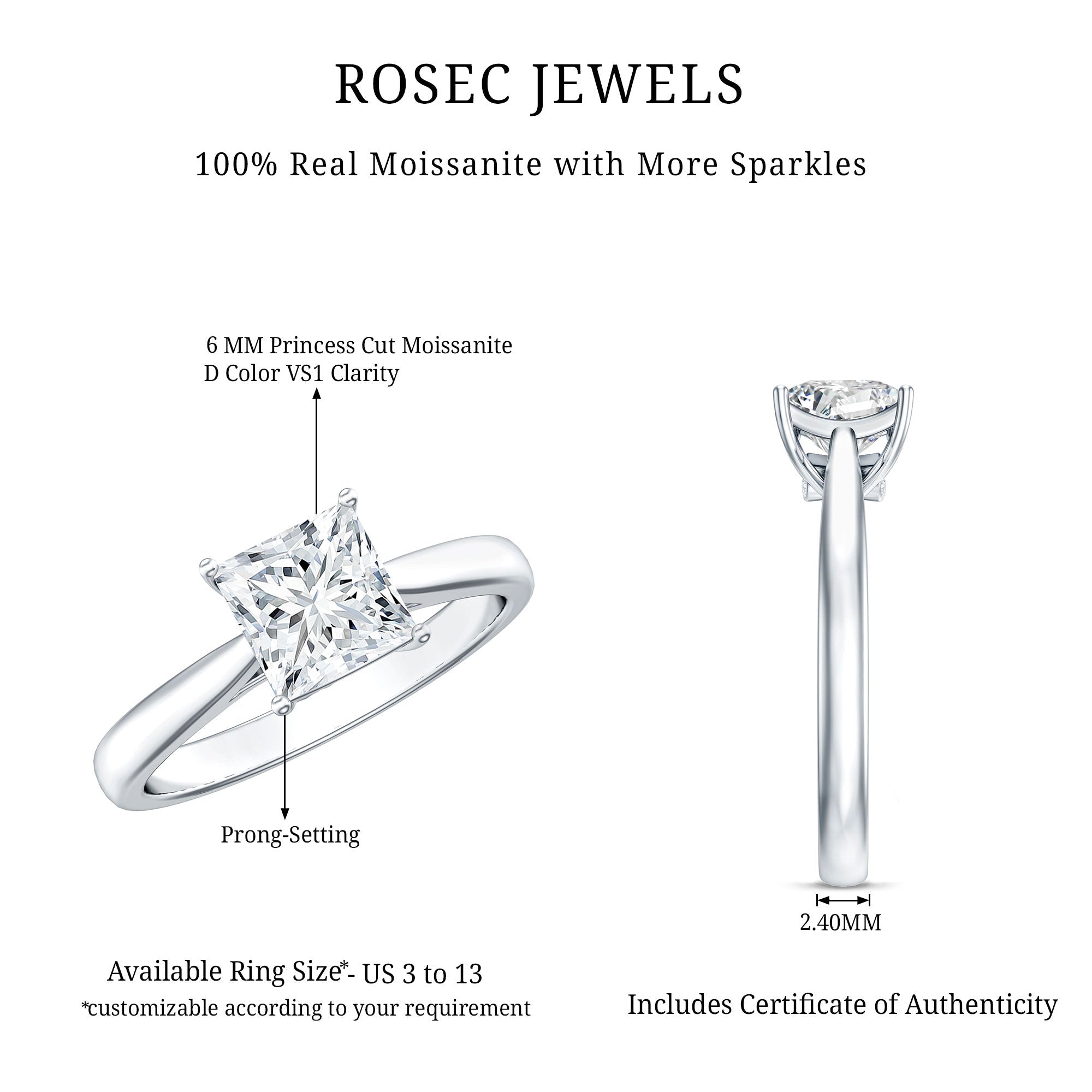 Princess Cut Moissanite Solitaire Engagement Ring