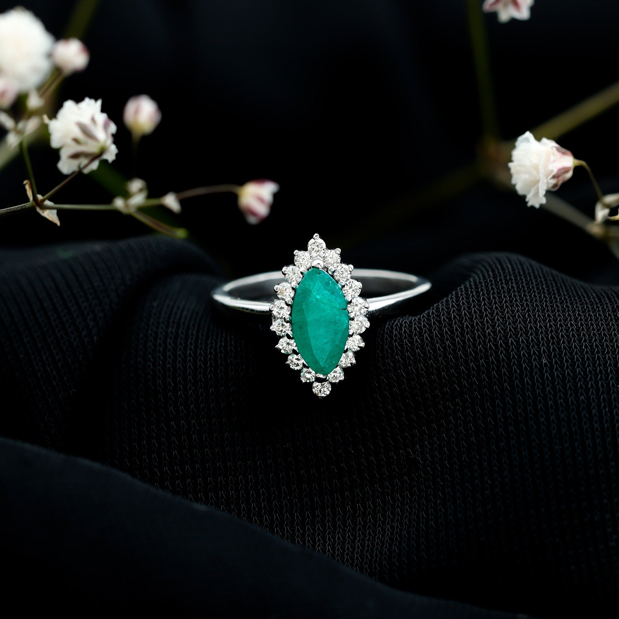 Elongated Marquise Cut Emerald Engagement Ring with Diamond Halo