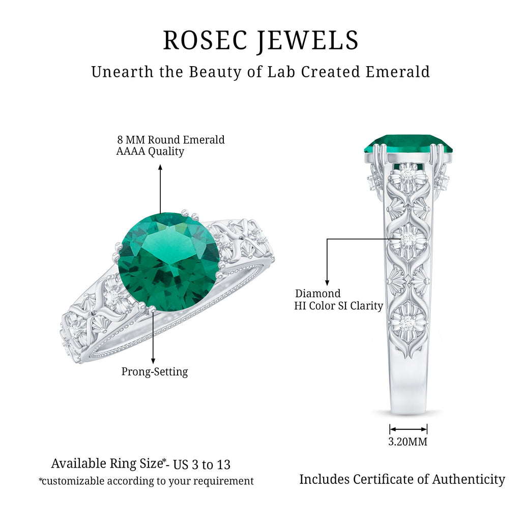 2 Carat Round Lab Created Emerald Antique Looking Engagement Ring with Diamond