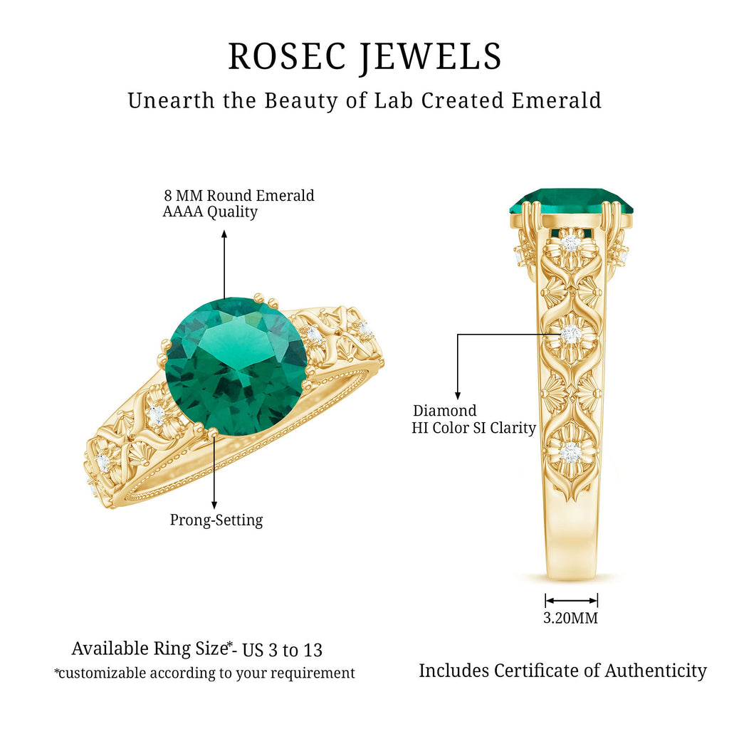 2 Carat Round Lab Created Emerald Antique Looking Engagement Ring with Diamond