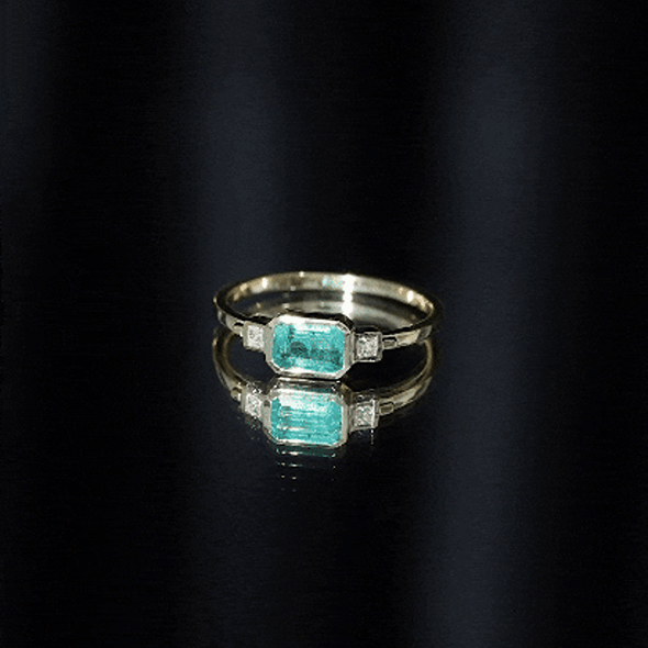 Octagon shape Emerald and Diamond East-West Promise Ring in Bezel Setting