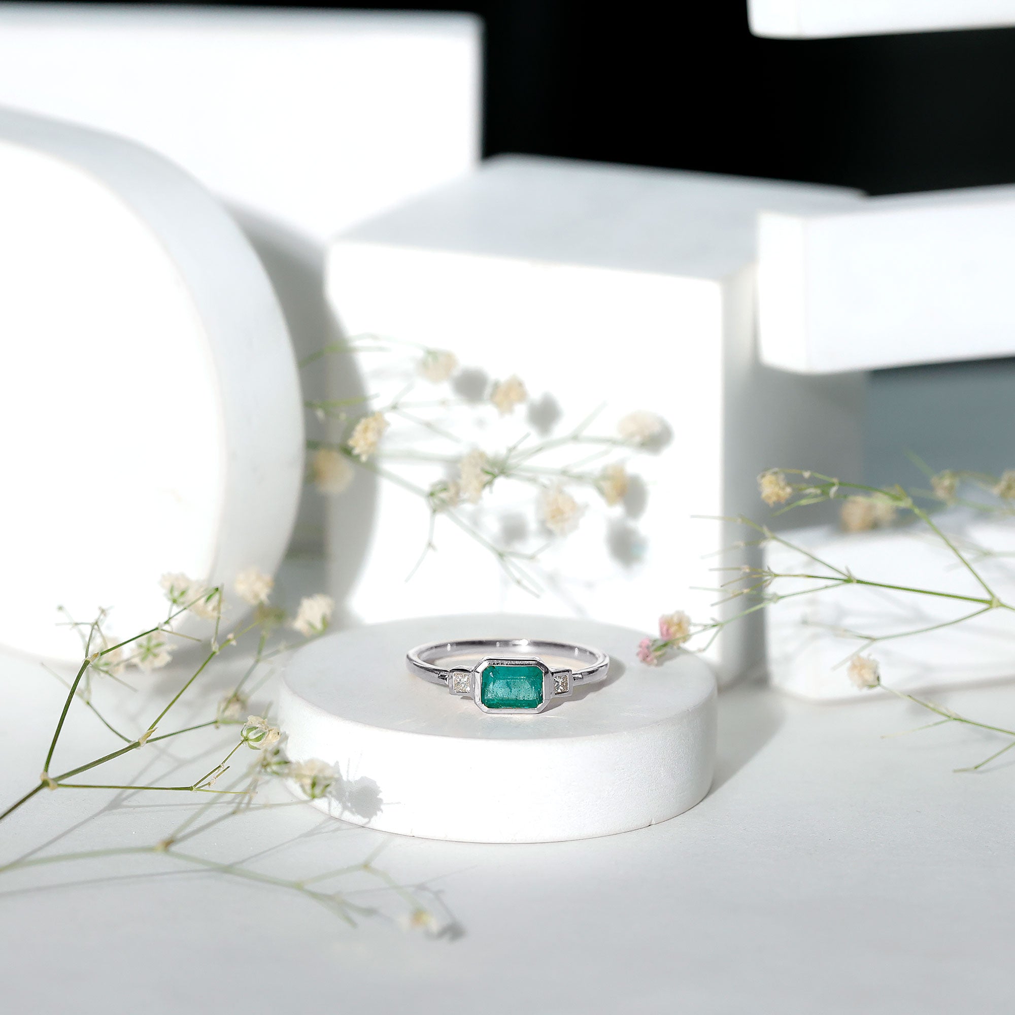 Octagon shape Emerald and Diamond East-West Promise Ring in Bezel Setting