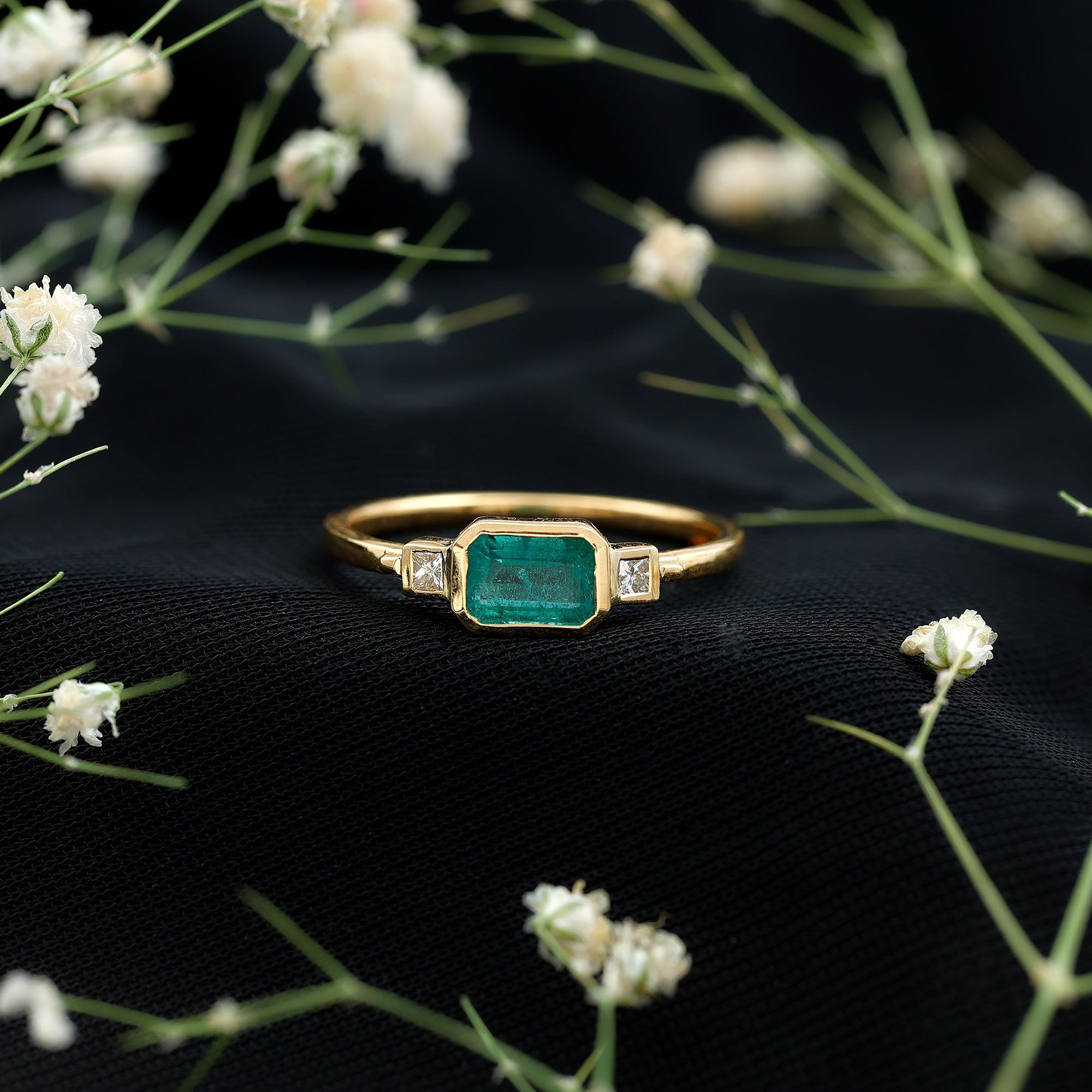 Octagon shape Emerald and Diamond East-West Promise Ring in Bezel Setting
