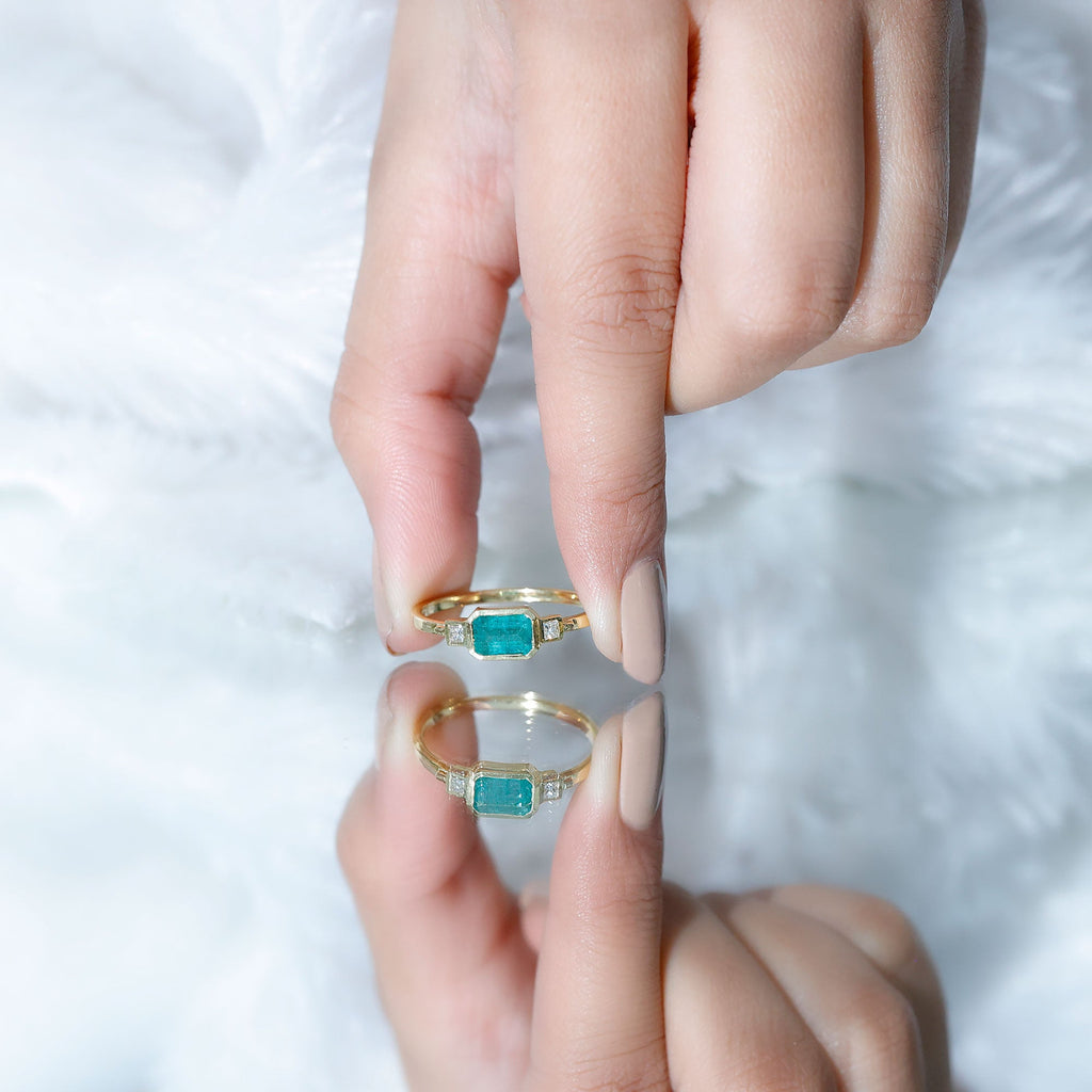 Octagon shape Emerald and Diamond East-West Promise Ring in Bezel Setting