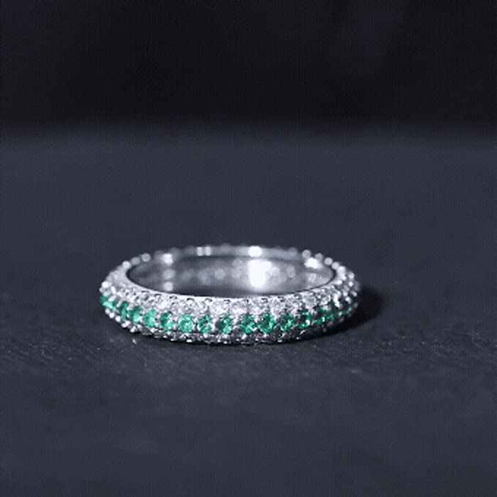 Genuine Emerald and Diamond Three Row Wedding Band