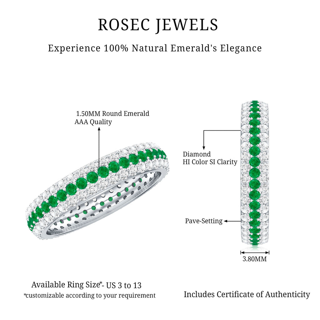 Genuine Emerald and Diamond Three Row Wedding Band