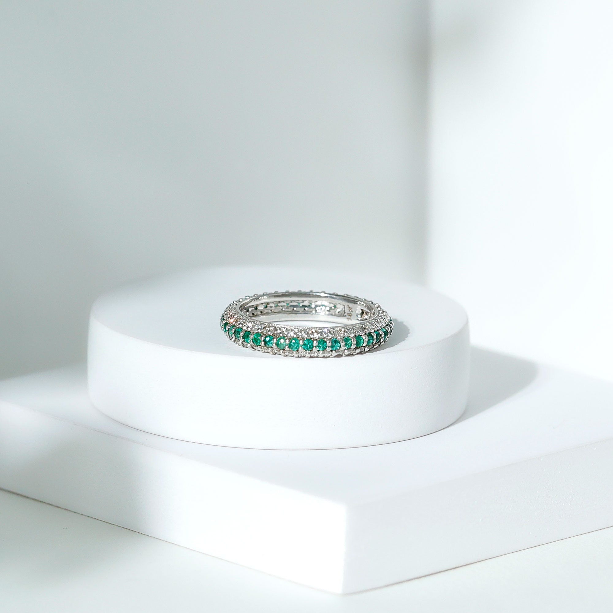 Genuine Emerald and Diamond Three Row Wedding Band