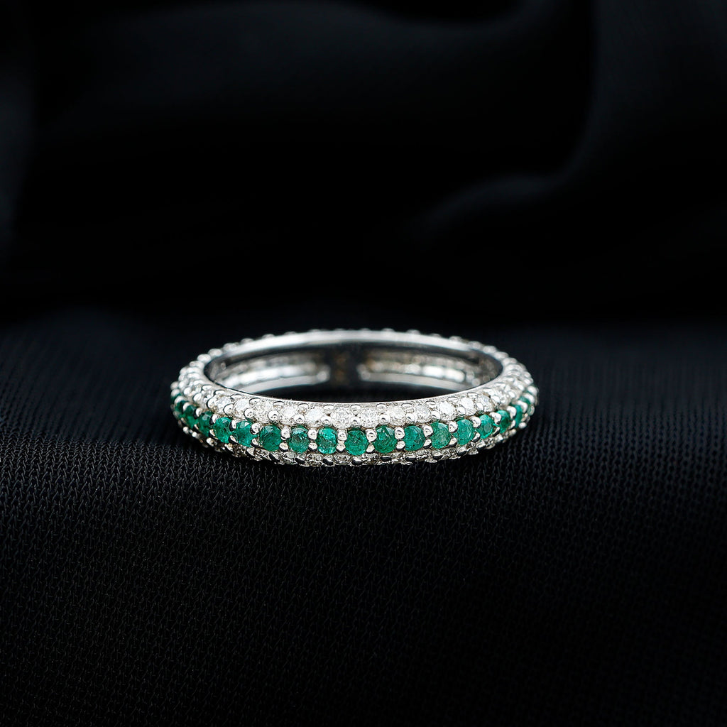 Genuine Emerald and Diamond Three Row Wedding Band