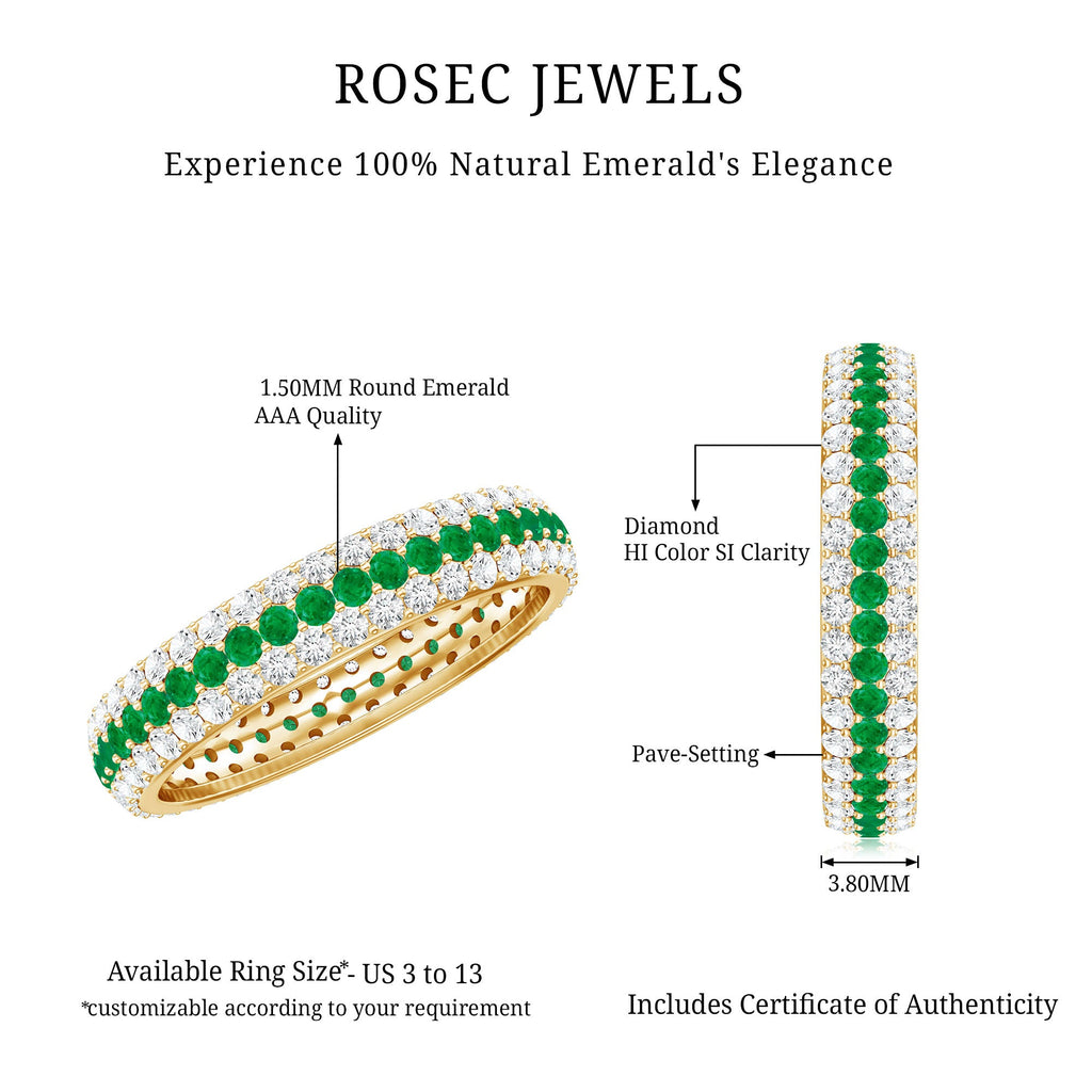 Genuine Emerald and Diamond Three Row Wedding Band