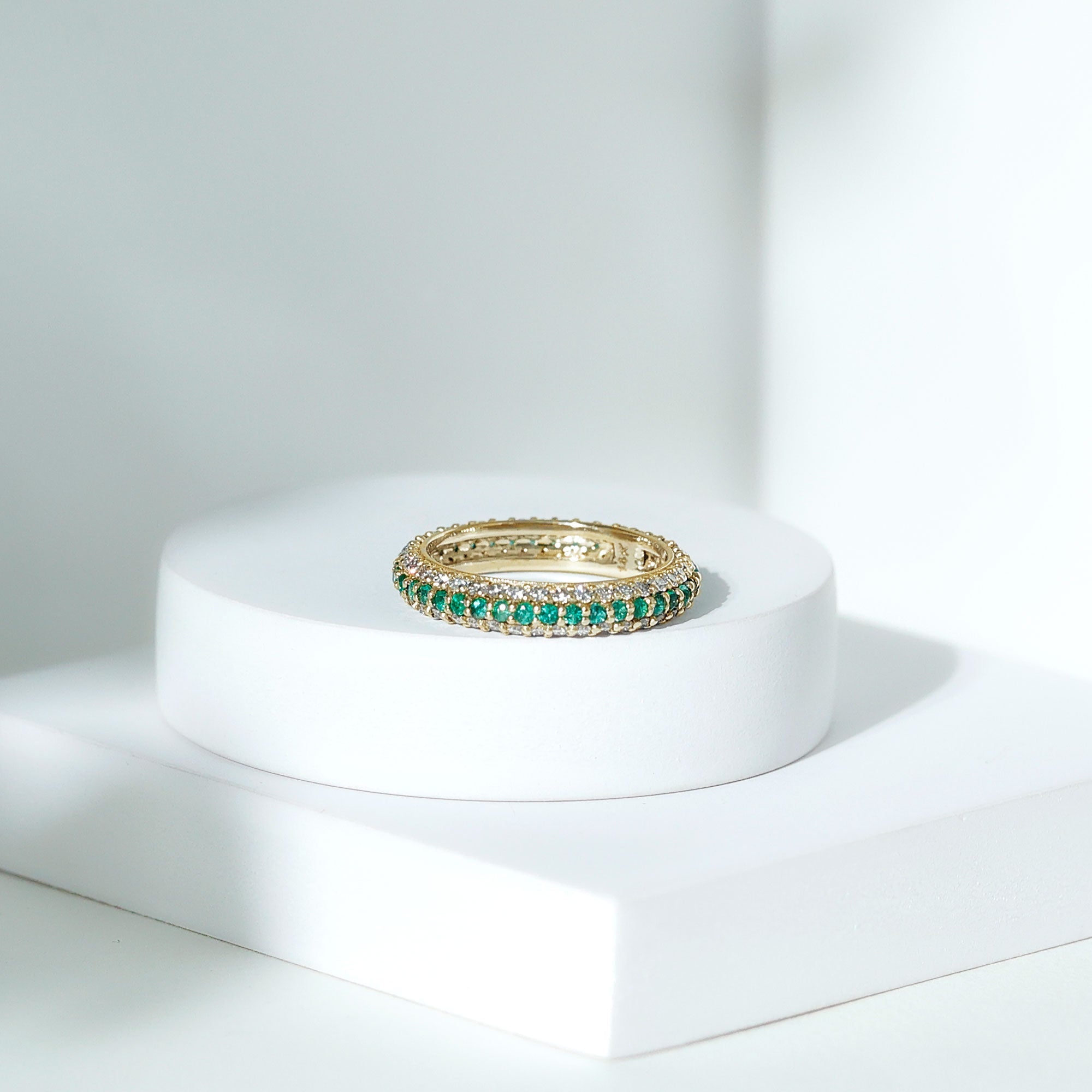 Genuine Emerald and Diamond Three Row Wedding Band