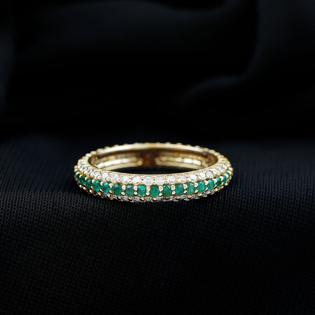 Genuine Emerald and Diamond Three Row Wedding Band