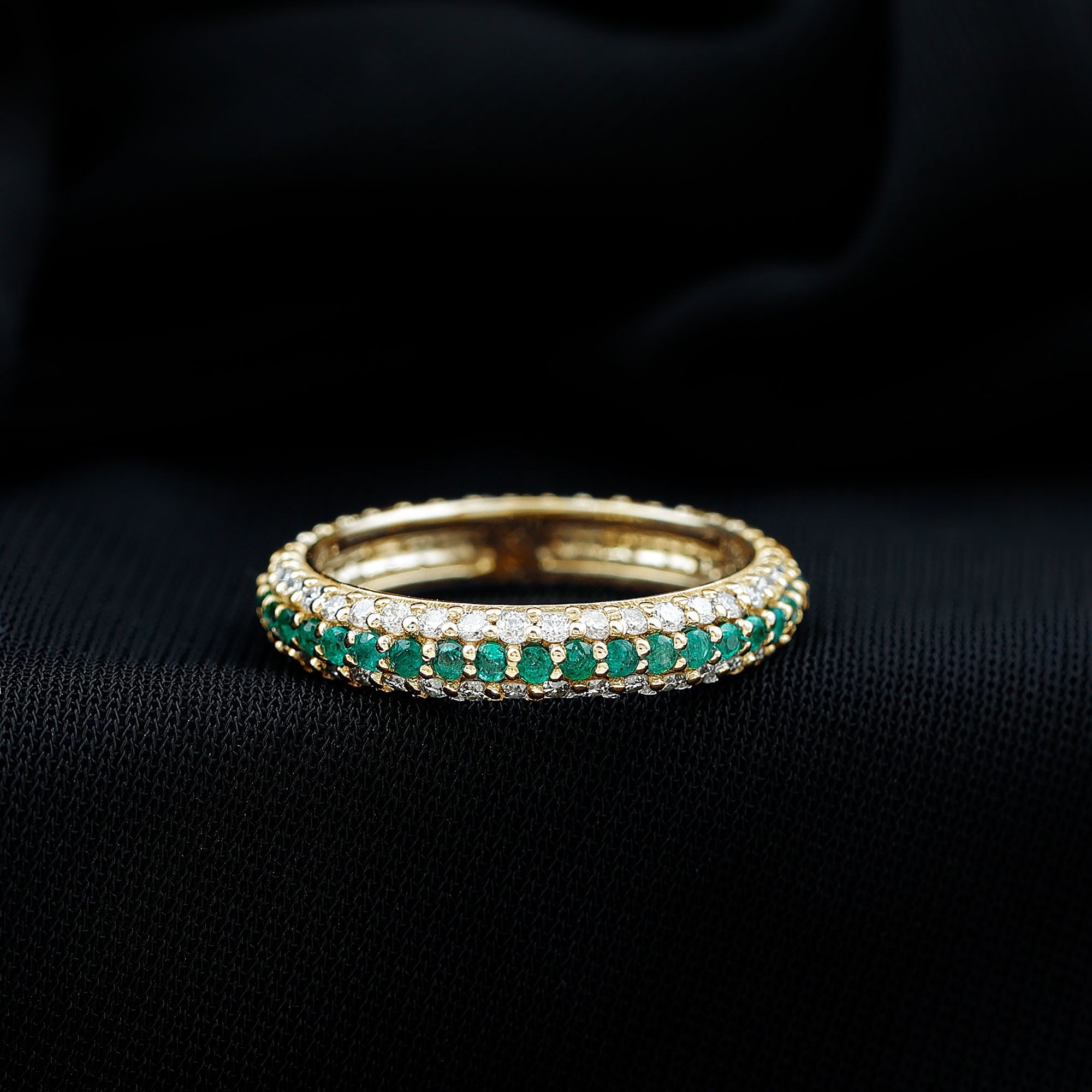 Genuine Emerald and Diamond Three Row Wedding Band