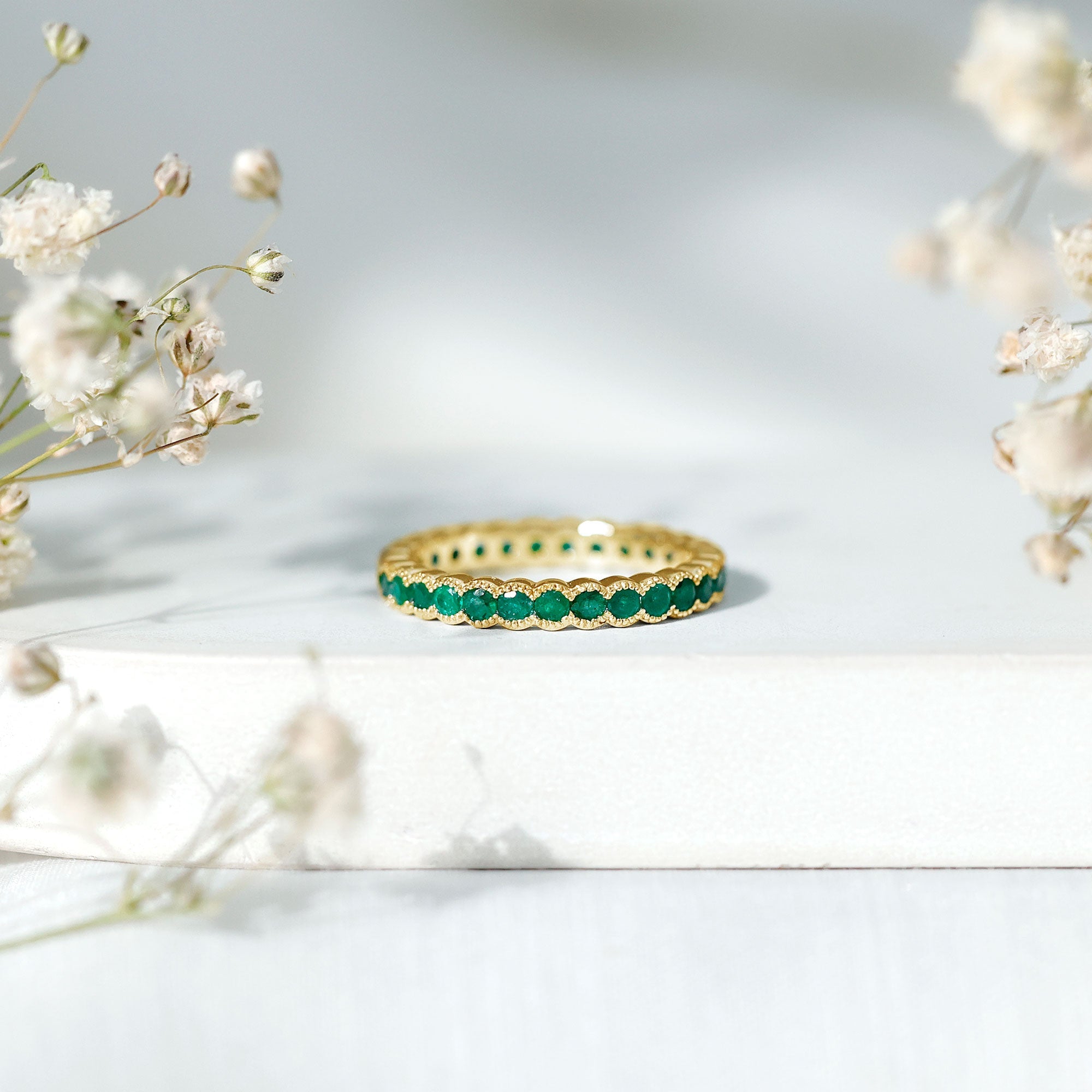 Beaded Bezel Set Emerald Full Eternity Stackable Ring