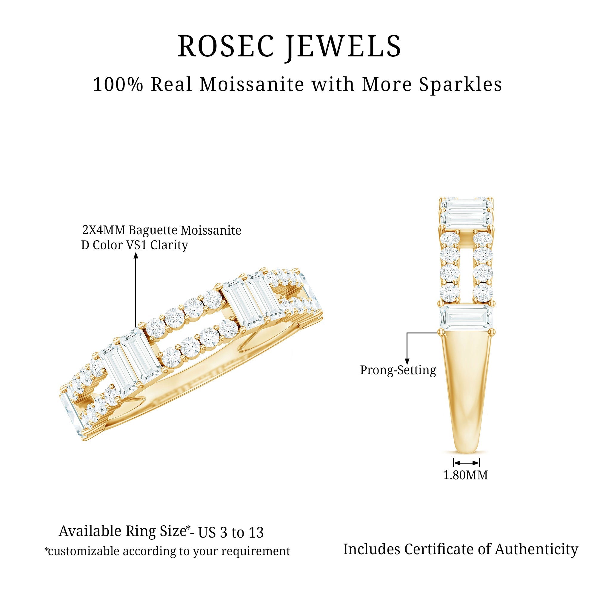 Baguette and Round Moissanite Half Eternity Band