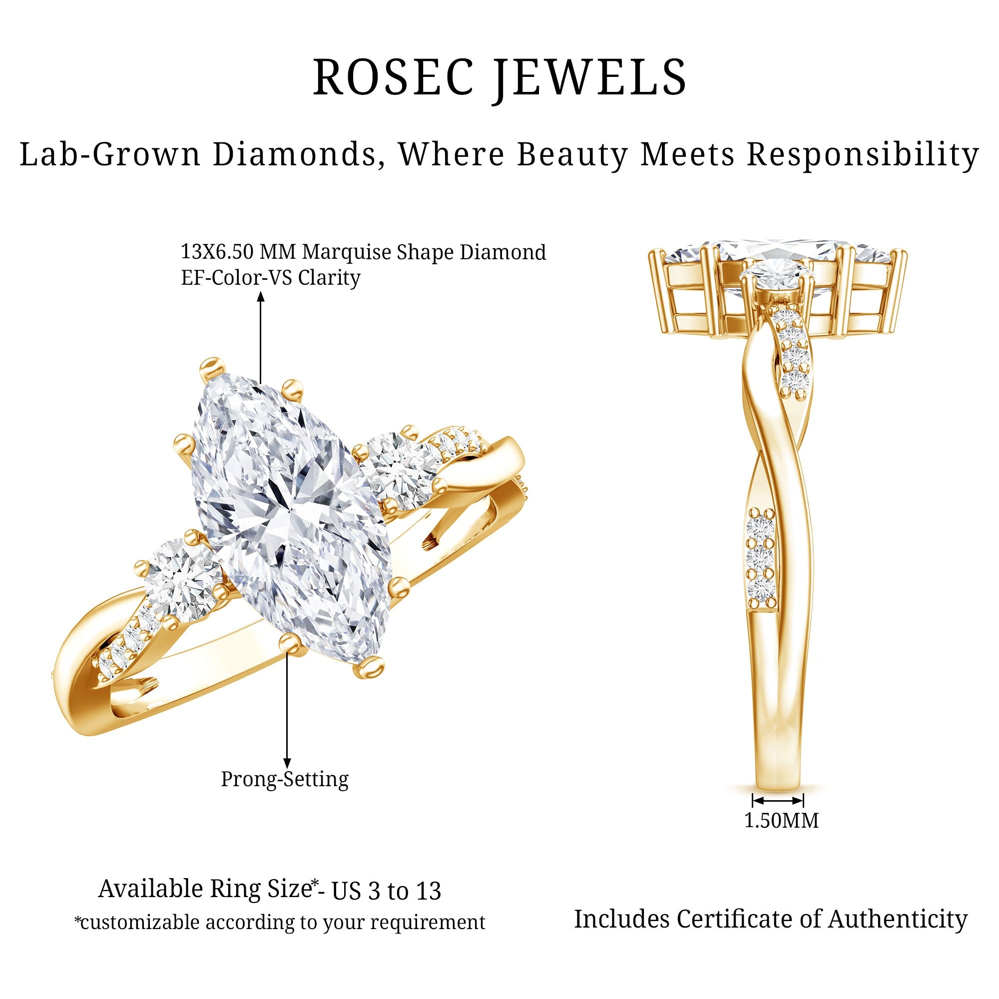 2 Carat Marquise Cut Lab Grown Diamond Crossover Engagement Ring with IGI Certificate