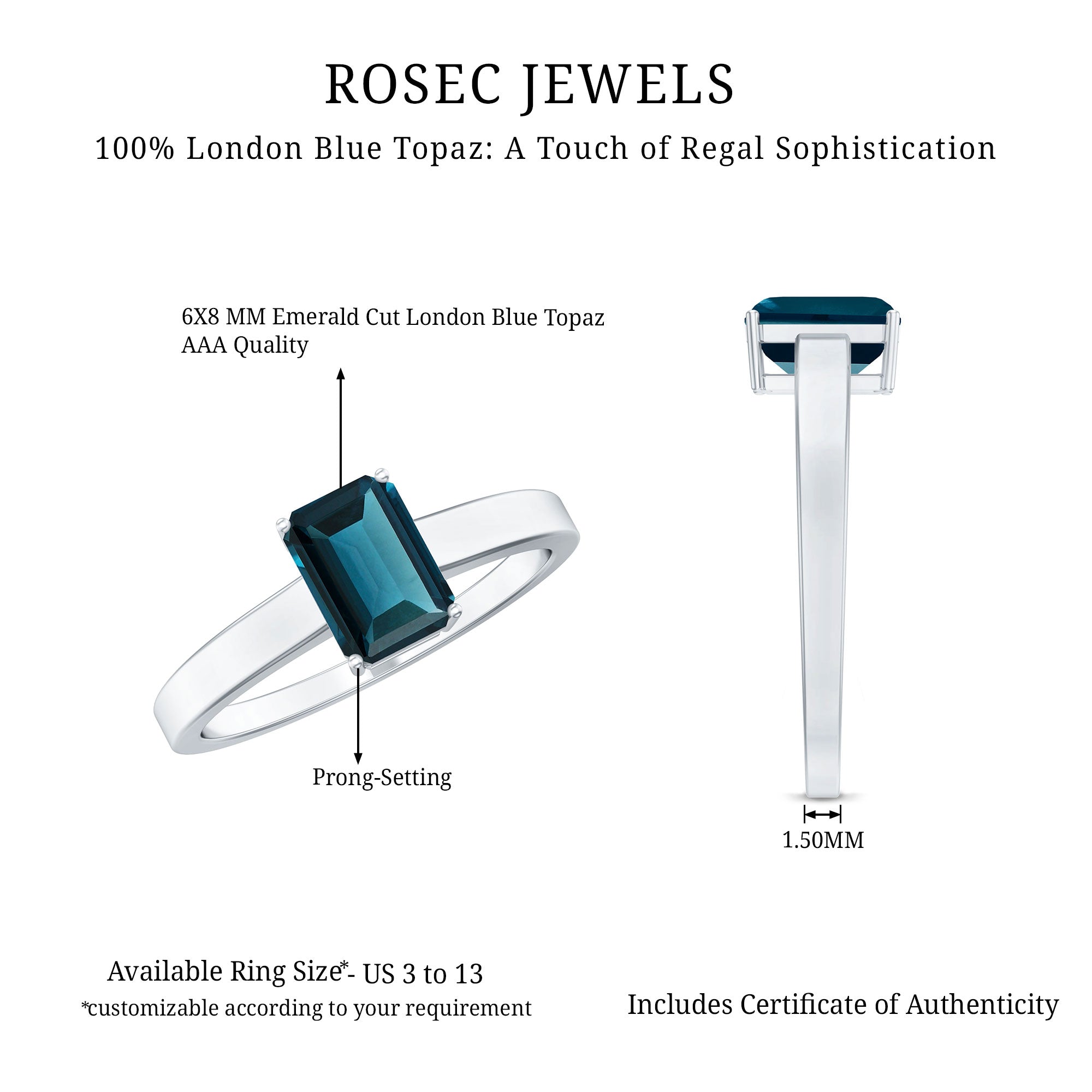 6X8mm Emerald Cut London Blue Topaz Solitaire Ring with Certificate