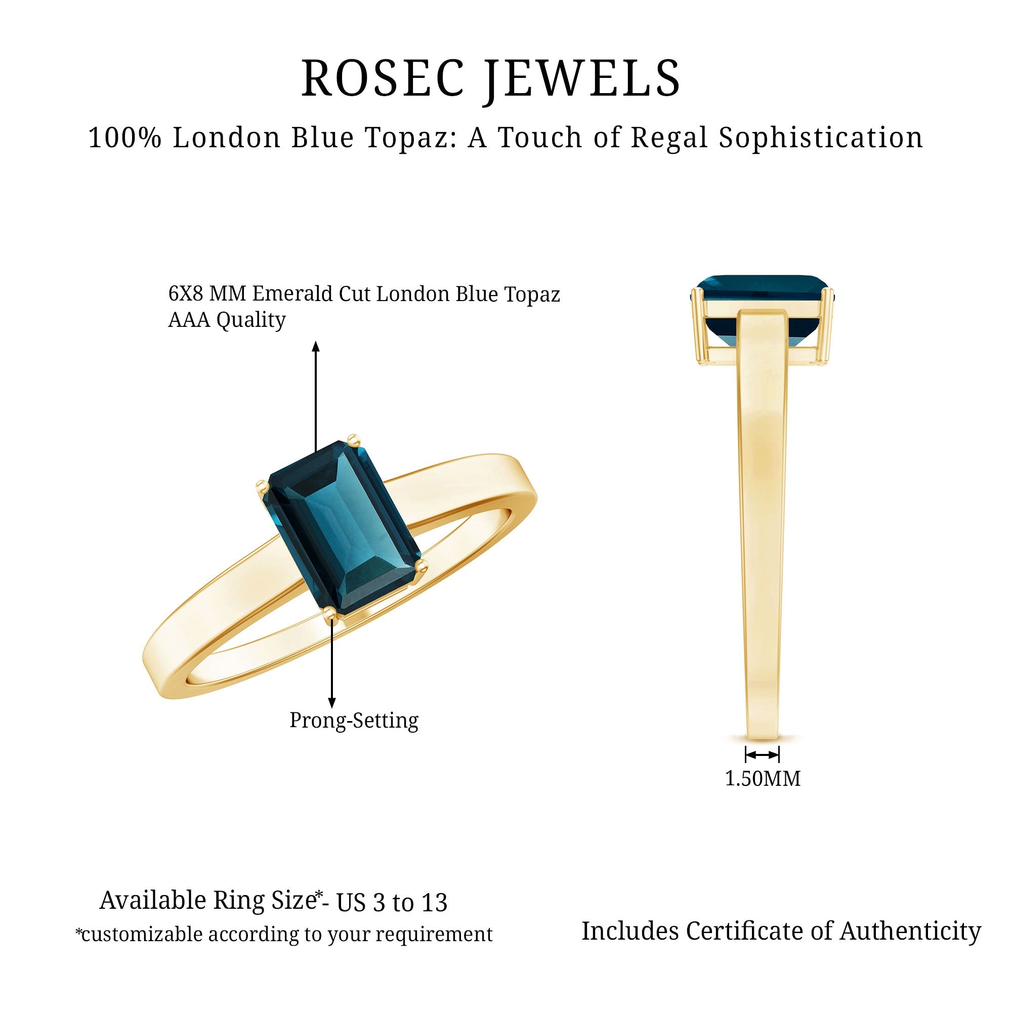 6X8mm Emerald Cut London Blue Topaz Solitaire Ring with Certificate