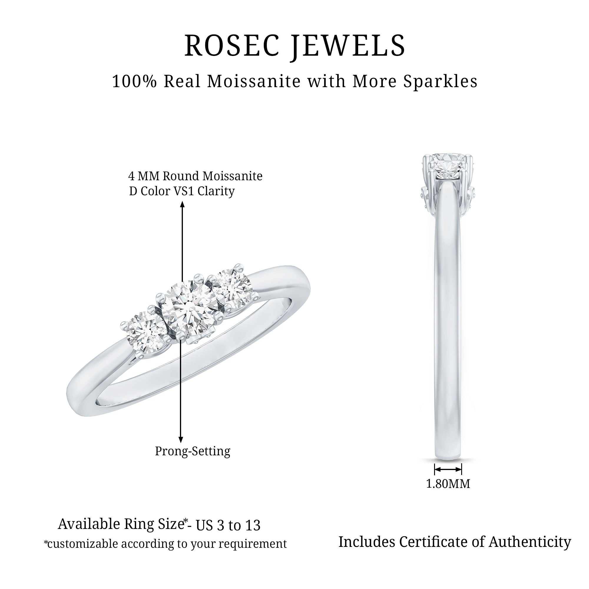 Brilliant Cut Moissanite 3 Stone Promise Ring for Women