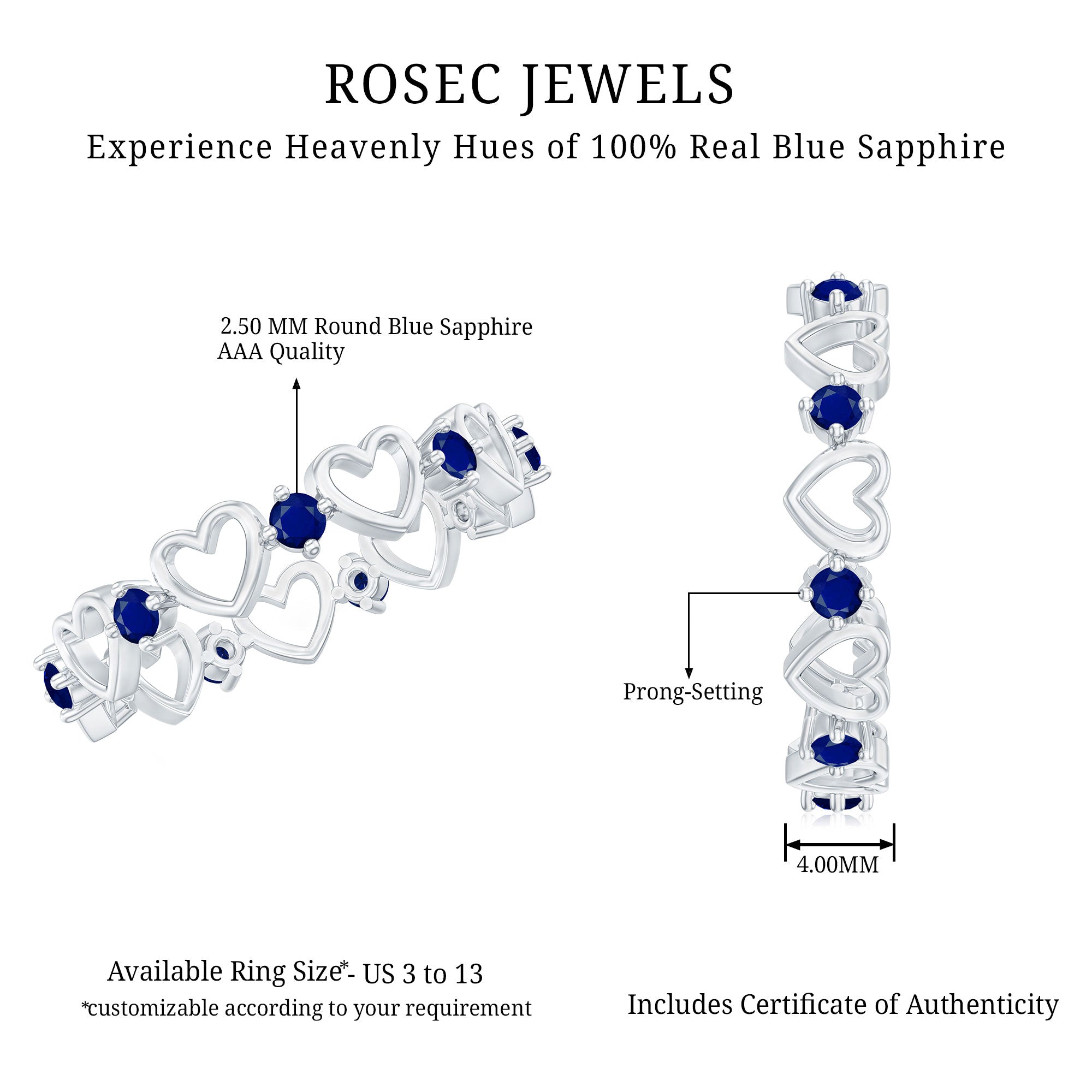 1 Carat Blue Sapphire Open Heart Wedding Band Ring