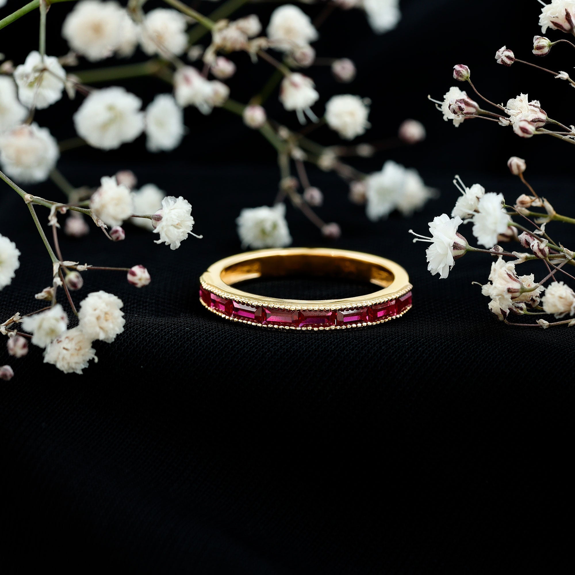 Minimalist Baguette Cut Lab Created Ruby Eternity Ring in Channel Setting