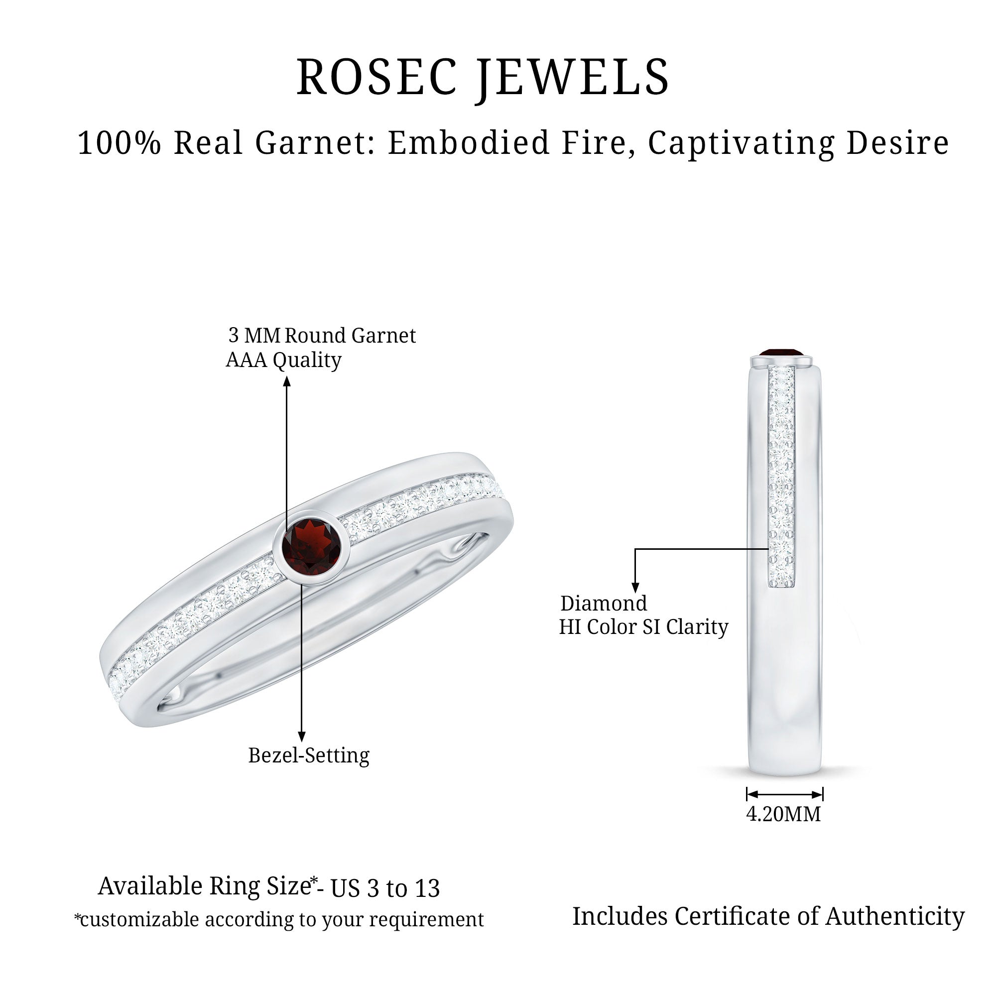 Natural Garnet Diamond Wide Wedding Band