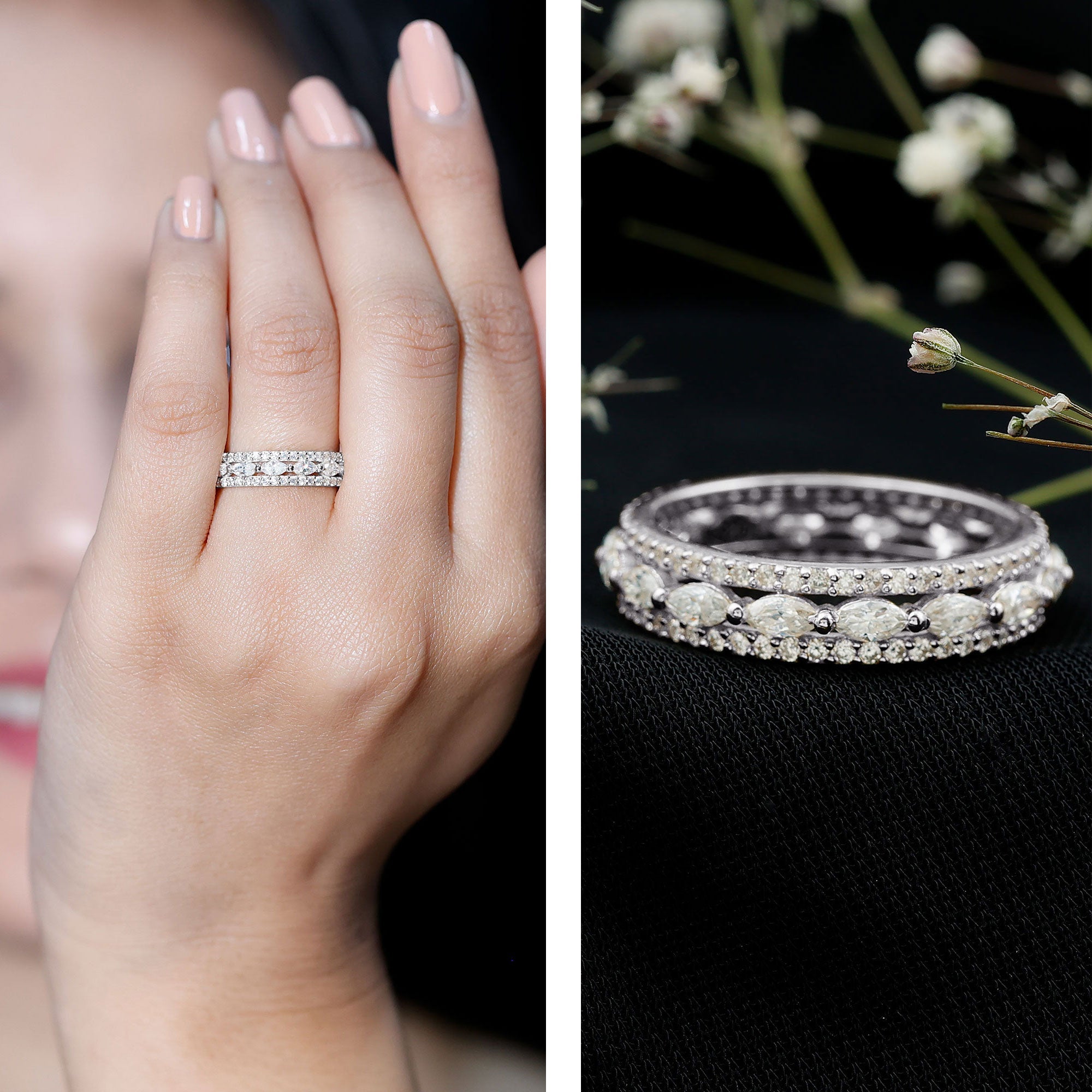 Marquise and Round Shape Moissanite Designer Wedding Band Ring