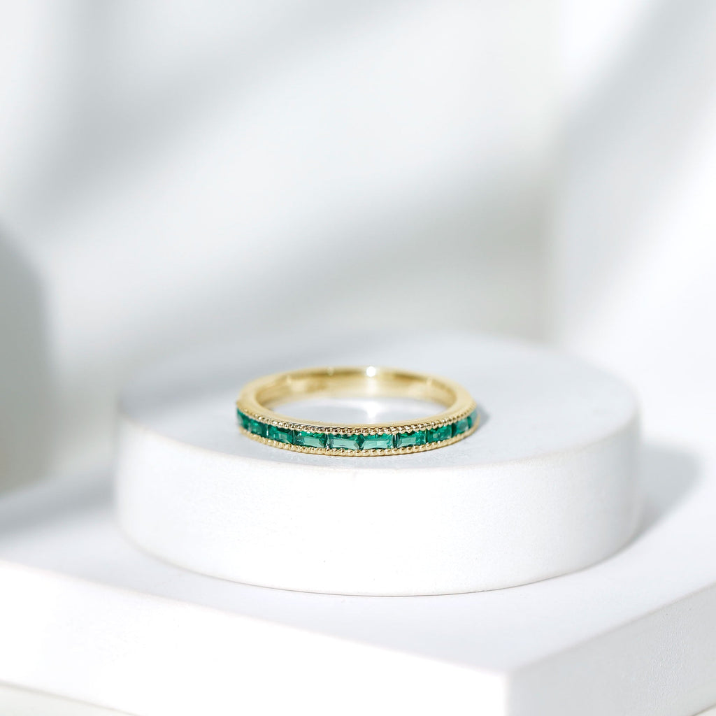 Baguette Cut Lab Grown Emerald Eternity Ring with Beaded Detailing