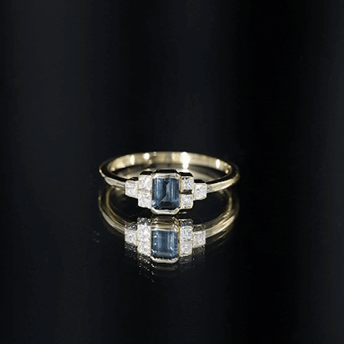 0.7 Carat Emerald Cut London Blue Topaz Statement Ring with Diamond