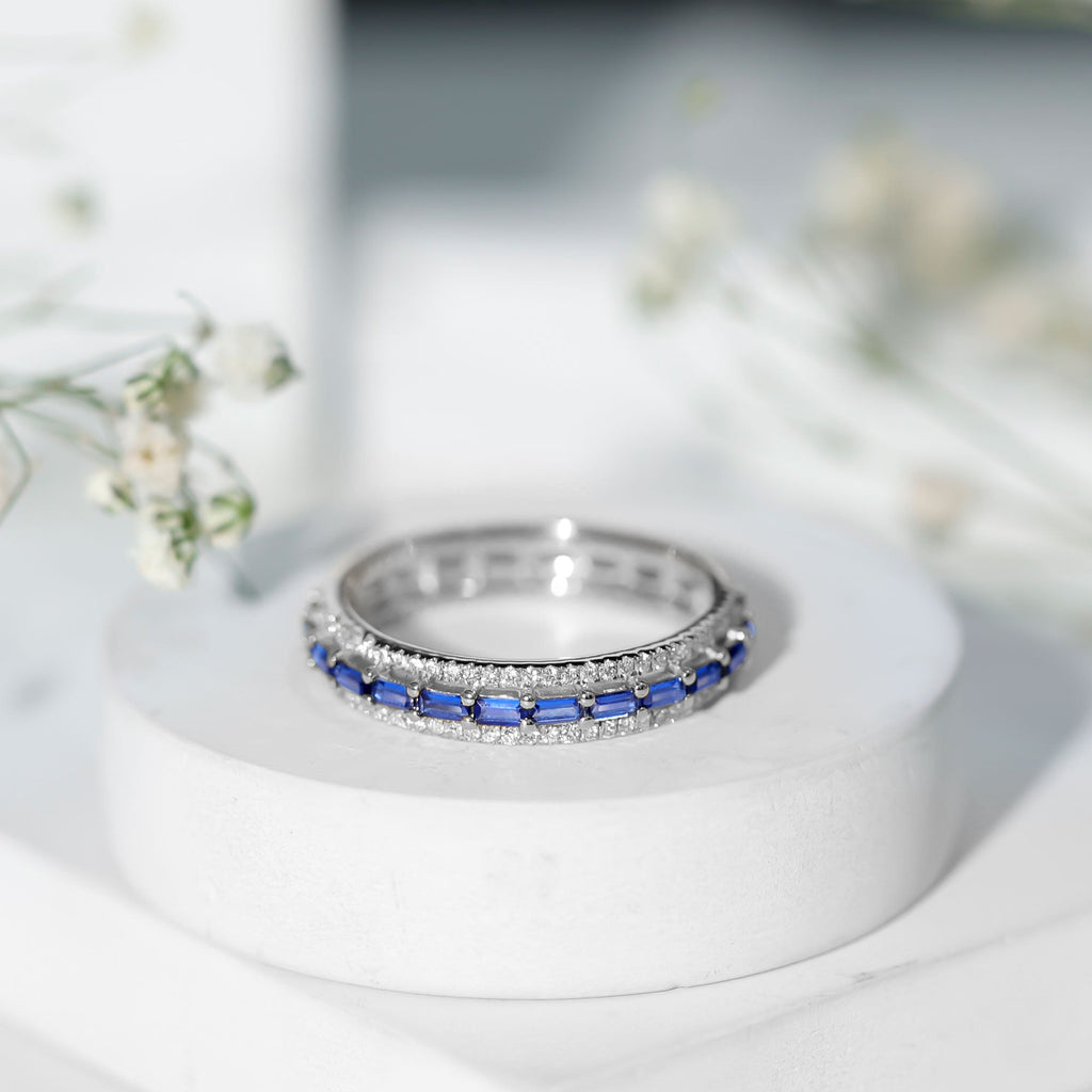 Lab Grown Blue Sapphire Eternity Wedding Band With Natural Diamond