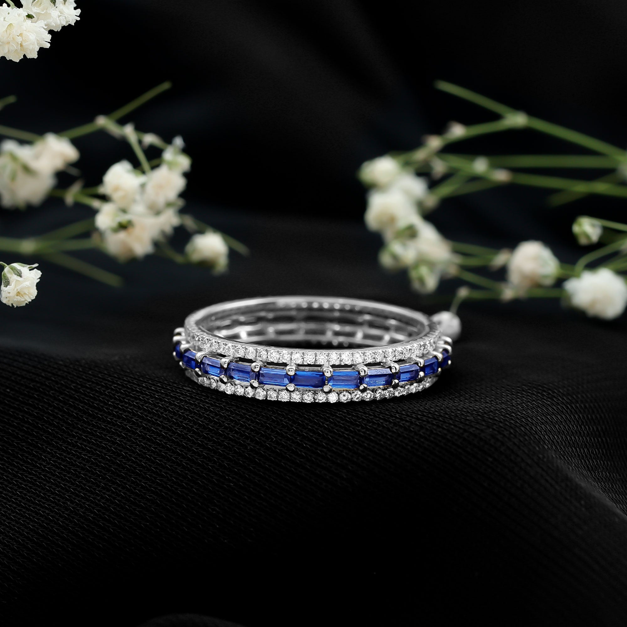 Lab Grown Blue Sapphire Eternity Wedding Band With Natural Diamond
