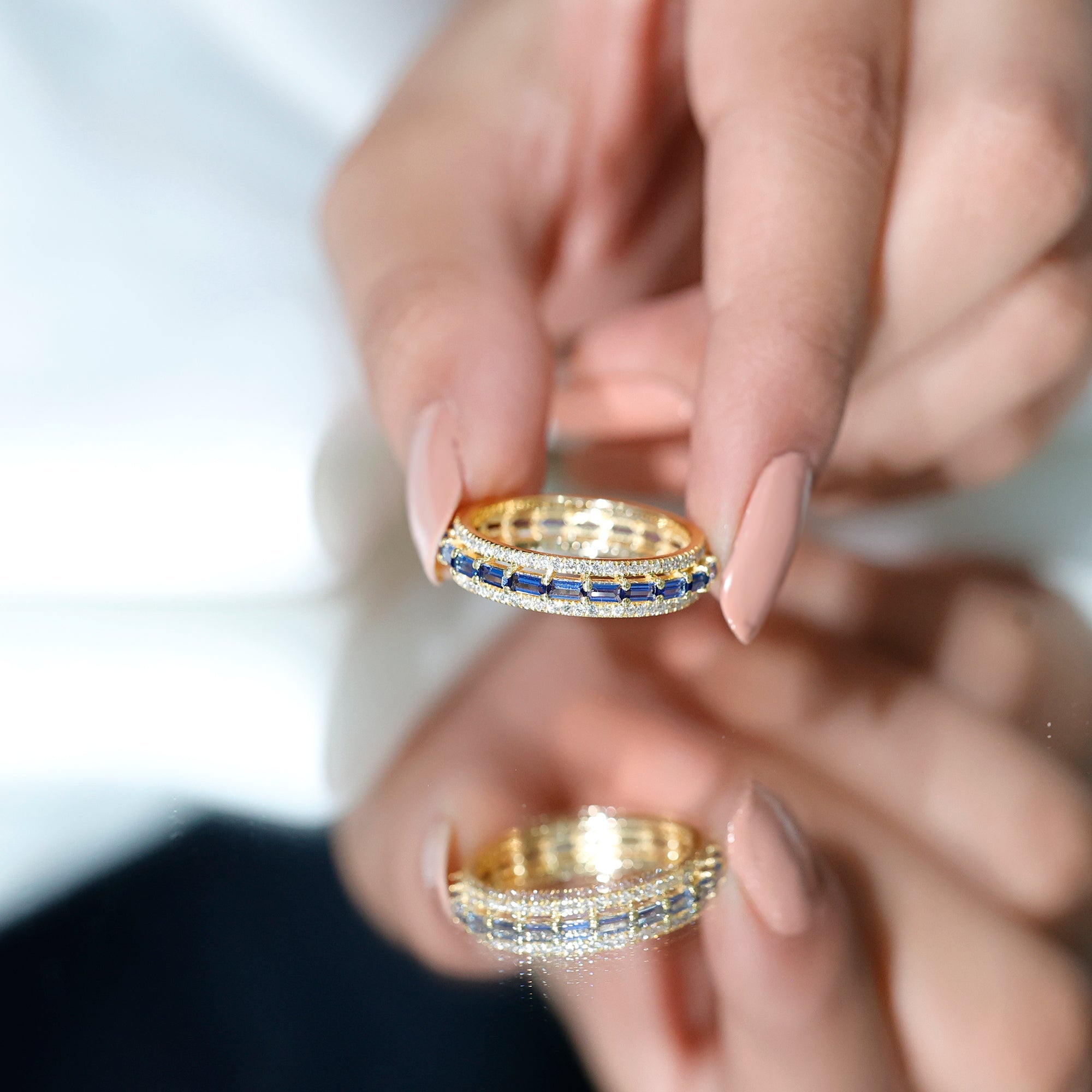 Lab Grown Blue Sapphire Eternity Wedding Band With Natural Diamond