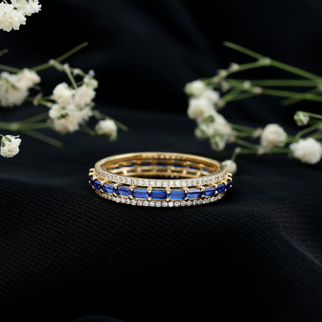 Lab Grown Blue Sapphire Eternity Wedding Band With Natural Diamond